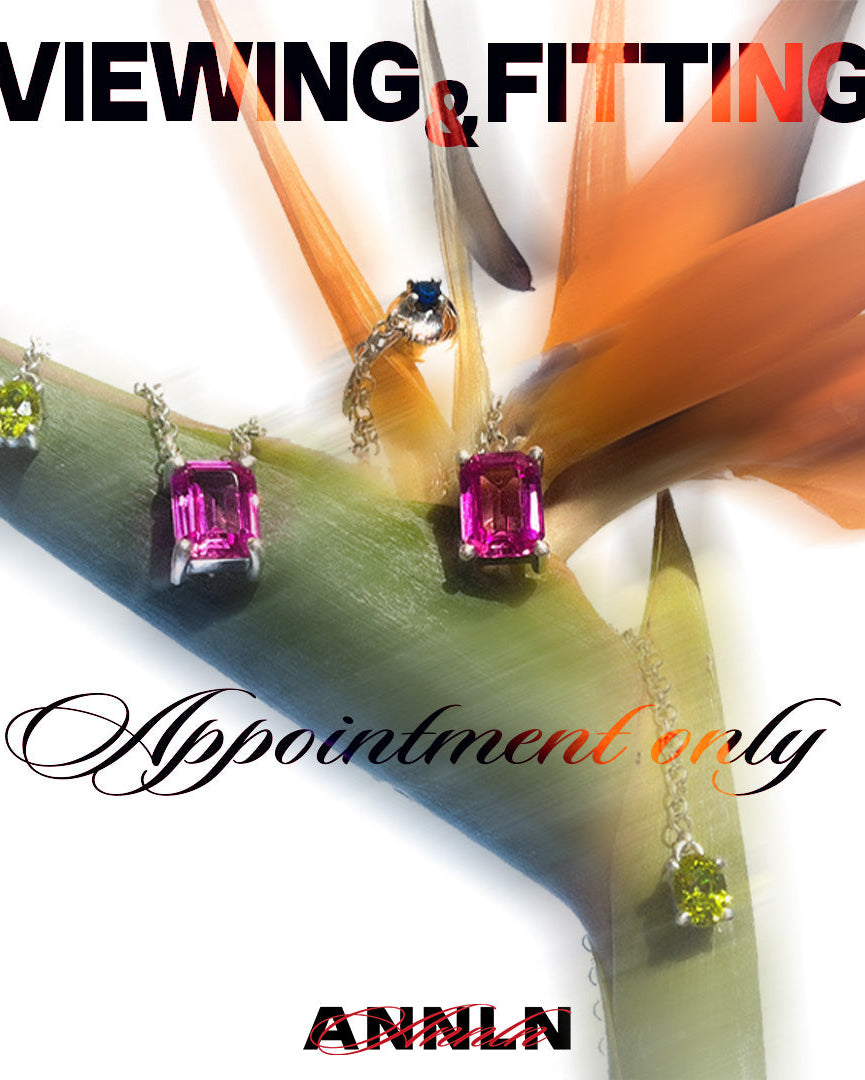 Jewelry display with gemstones on a plant leaf, featuring the brand 'ANNLN'.